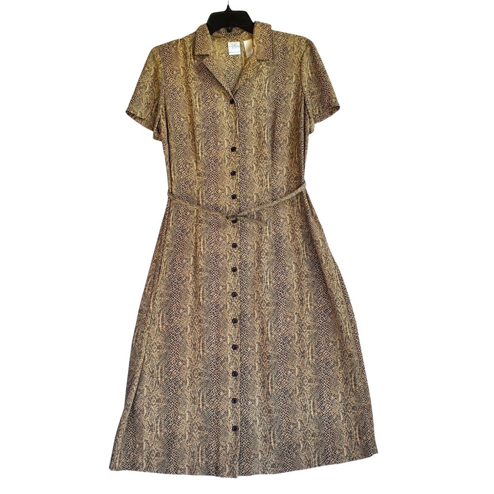 VTG‎ Snakeskin Print Button-Front Belted Maxi Dress Short Sleeve Collared Size 8